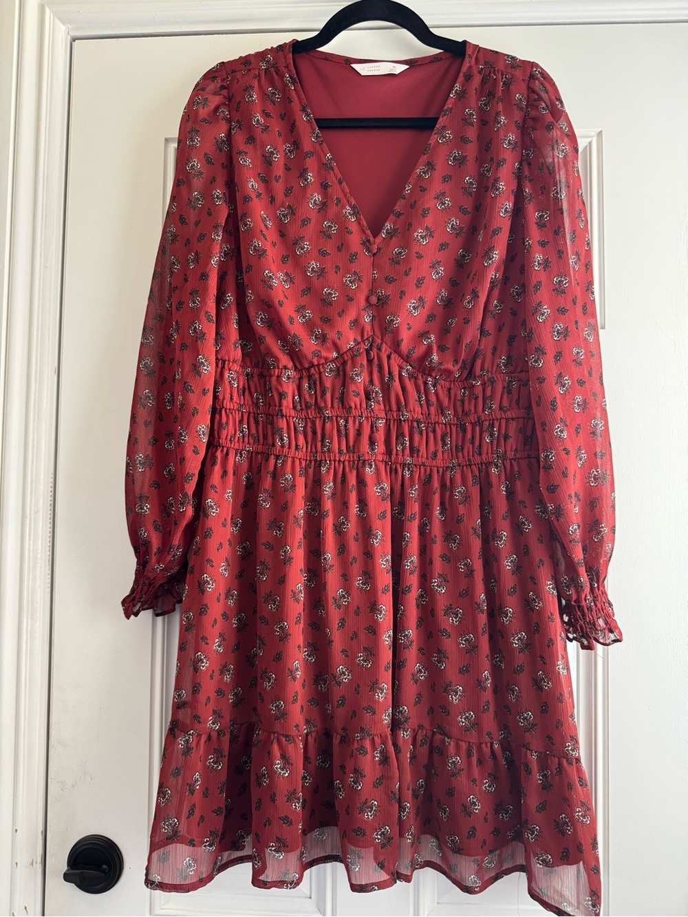LC Lauren Conrad Rust Floral V-Neck Smocked Waist Long Sleeve Dress